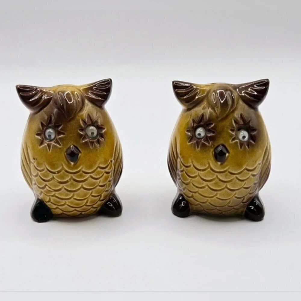 Vintage Japan Owl Salt and Pepper Shakers Brown Ceramic Google Eye Pair